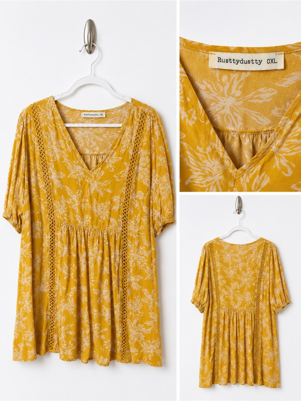 ⭐️5/$20 Rusttydustty 0XL Mustard Yellow Floral Boho Crochet Babydoll Tunic Top